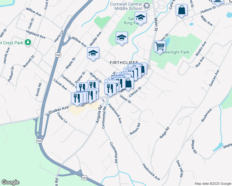 map of restaurants, bars, coffee shops, grocery stores, and more near 308 Main Street in Cornwall