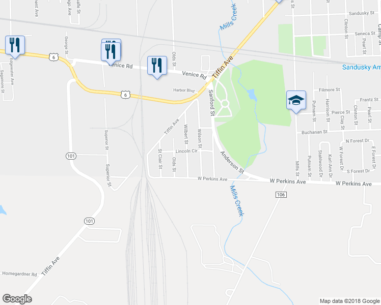 map of restaurants, bars, coffee shops, grocery stores, and more near 2202 Wilbert Street in Sandusky