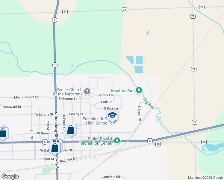 map of restaurants, bars, coffee shops, grocery stores, and more near 312 Springer Drive in Butler