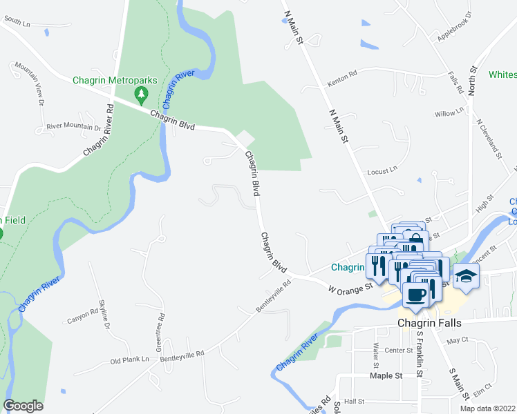 map of restaurants, bars, coffee shops, grocery stores, and more near 241 Chagrin Boulevard in Chagrin Falls