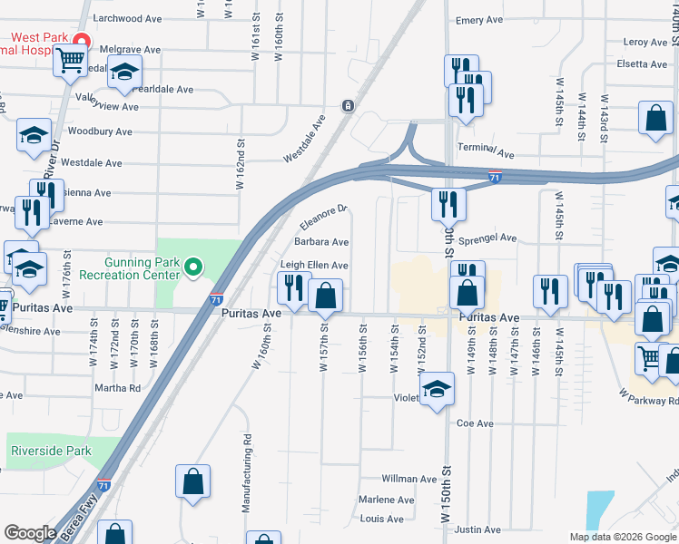 map of restaurants, bars, coffee shops, grocery stores, and more near 15627 Barbara Avenue in Cleveland