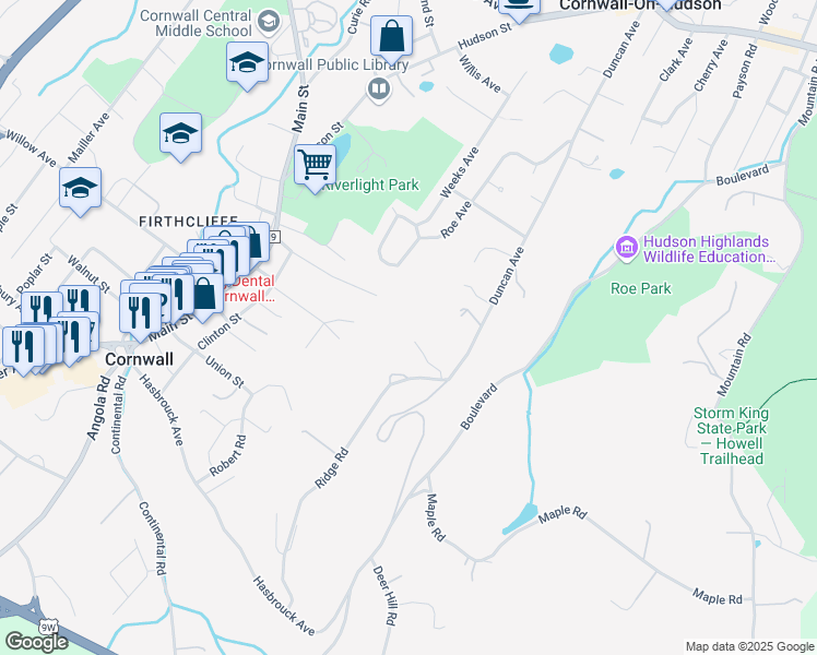 map of restaurants, bars, coffee shops, grocery stores, and more near 2 Forest Crest Road in Cornwall