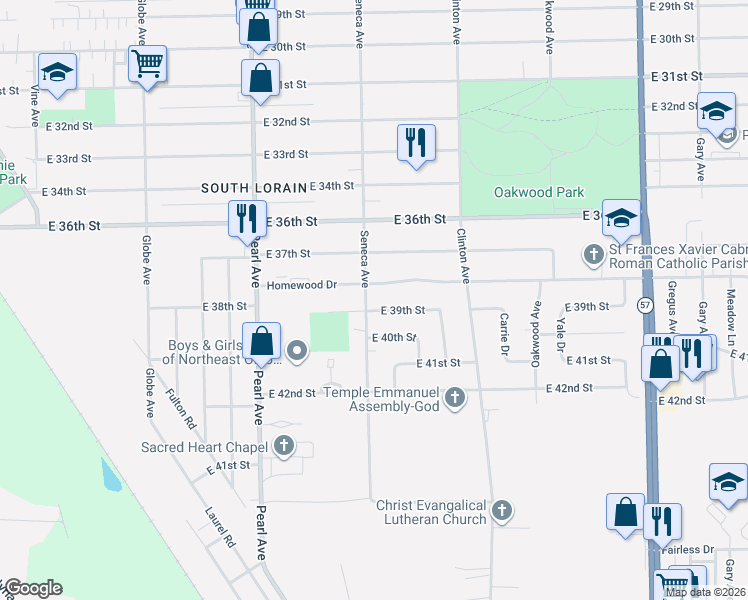 map of restaurants, bars, coffee shops, grocery stores, and more near 1903 Homewood Drive in Lorain
