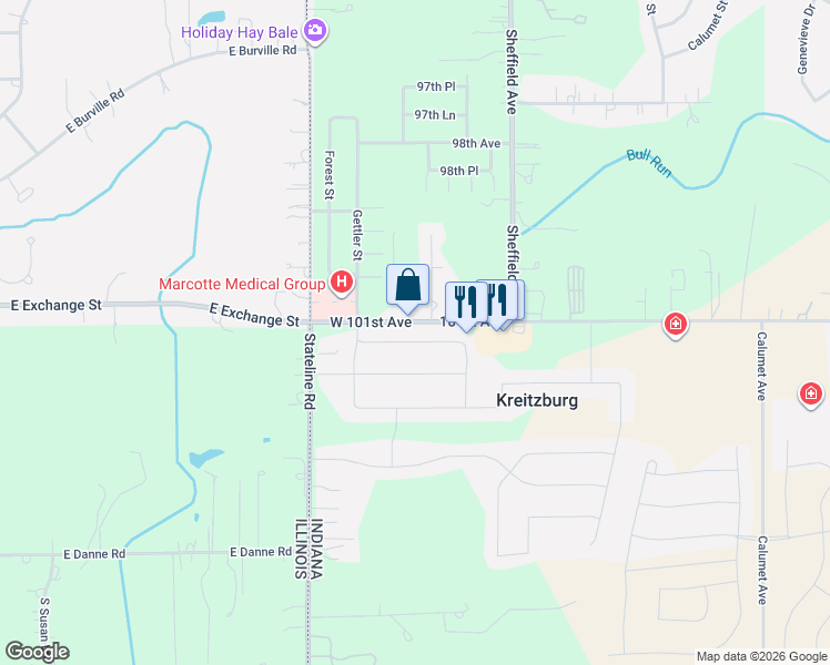 map of restaurants, bars, coffee shops, grocery stores, and more near 15504 West 101st Avenue in Dyer