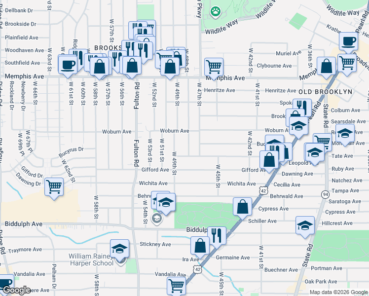 map of restaurants, bars, coffee shops, grocery stores, and more near 4425 West 48th Street in Cleveland