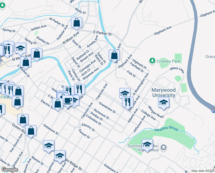 map of restaurants, bars, coffee shops, grocery stores, and more near 801 Park Street in Scranton