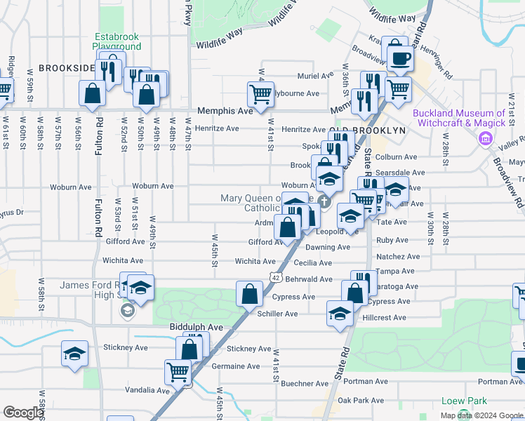 map of restaurants, bars, coffee shops, grocery stores, and more near 4206 Bucyrus Avenue in Cleveland