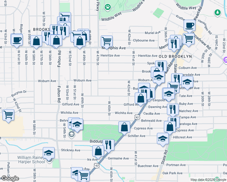 map of restaurants, bars, coffee shops, grocery stores, and more near 4403 Woburn Avenue in Cleveland
