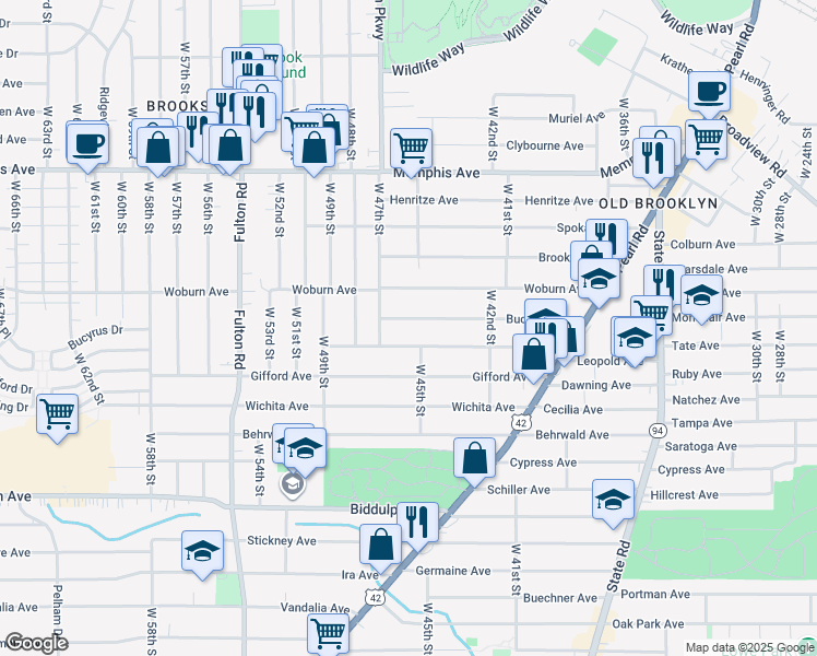 map of restaurants, bars, coffee shops, grocery stores, and more near 4606 Bucyrus Avenue in Cleveland
