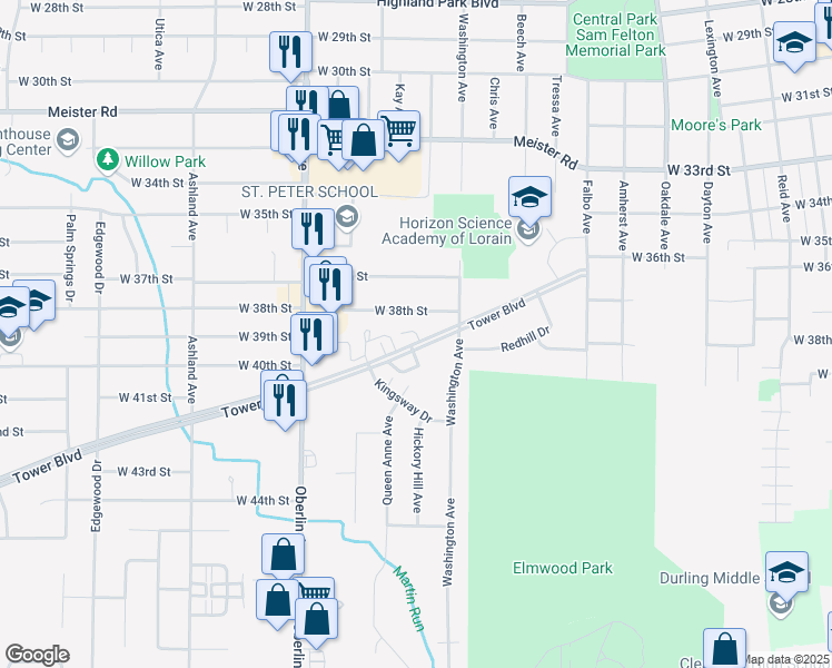 map of restaurants, bars, coffee shops, grocery stores, and more near 1018 West 38th Street in Lorain