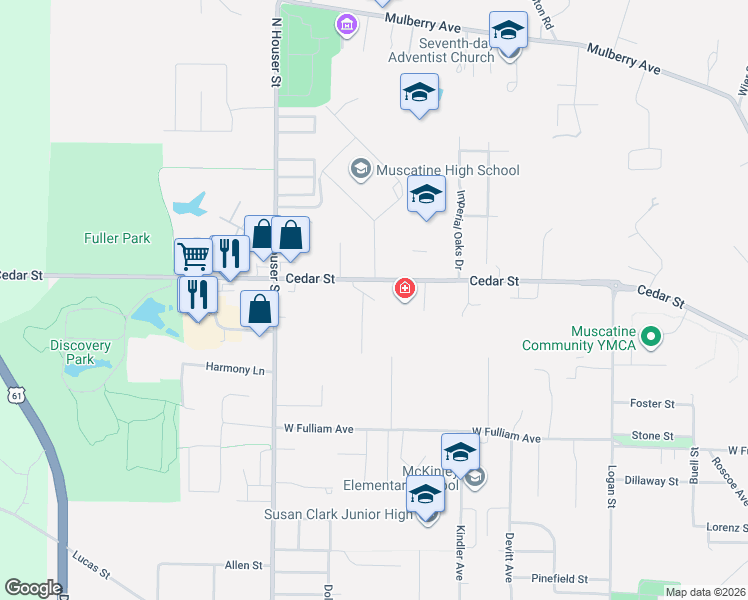map of restaurants, bars, coffee shops, grocery stores, and more near 2705 Cedar Street in Muscatine