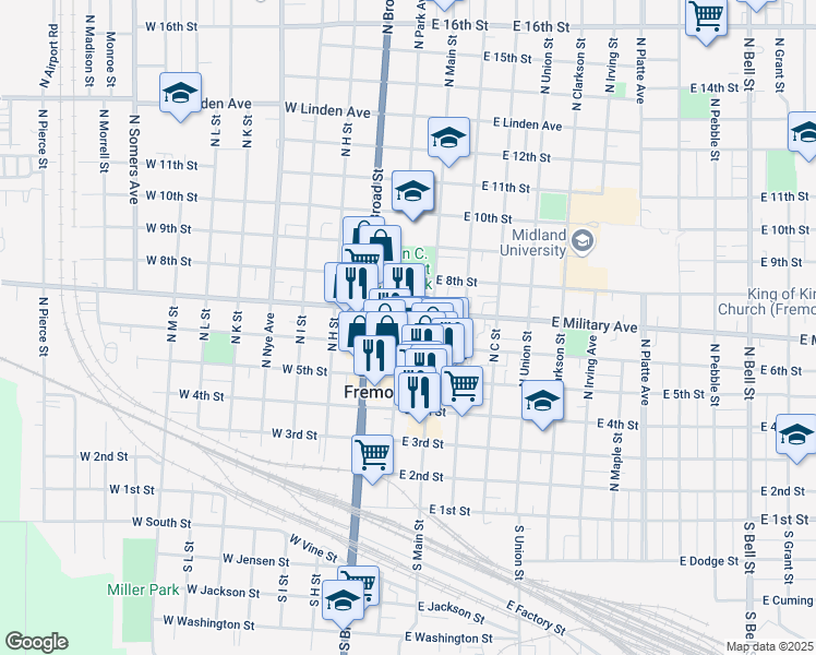 map of restaurants, bars, coffee shops, grocery stores, and more near 114 East Military Avenue in Fremont