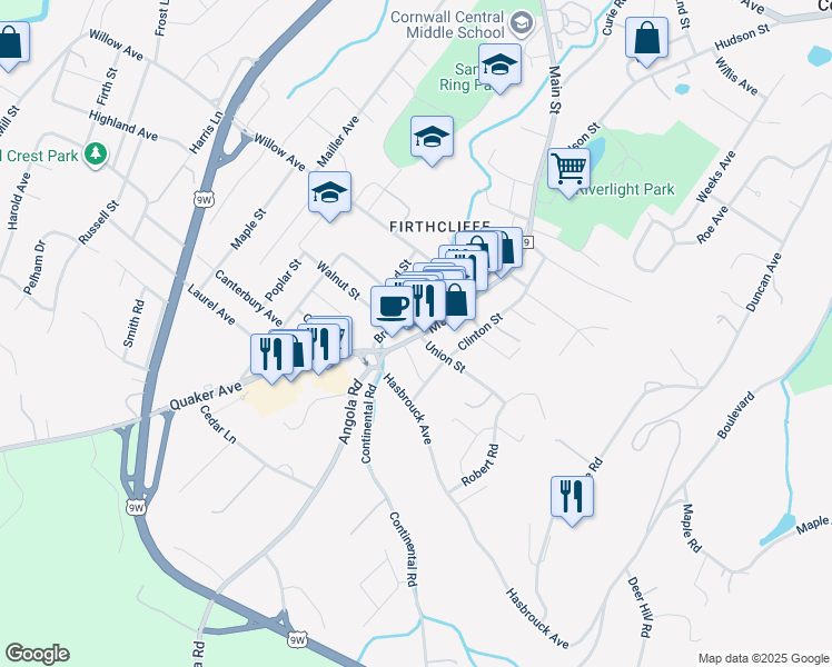 map of restaurants, bars, coffee shops, grocery stores, and more near 300 Main Street in Cornwall