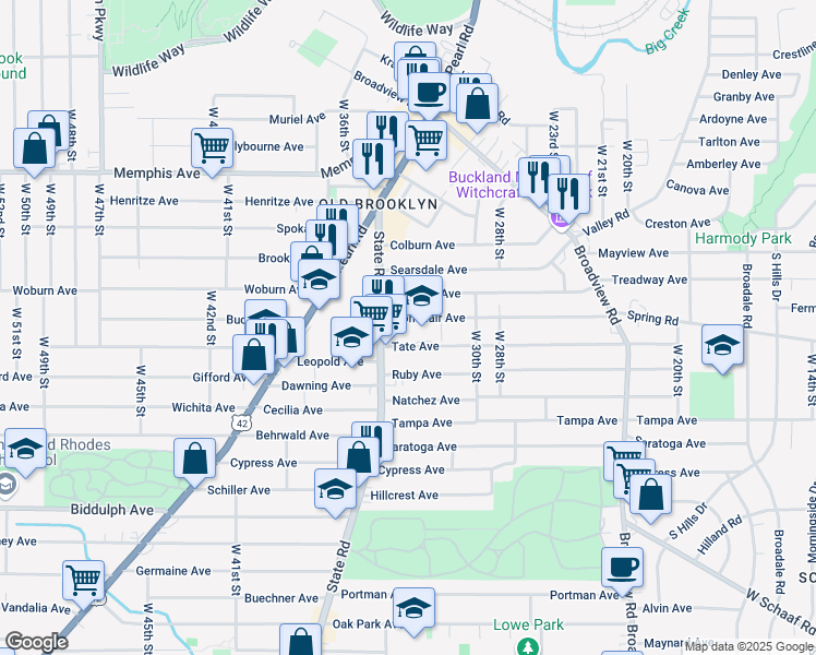 map of restaurants, bars, coffee shops, grocery stores, and more near 3213 Montclair Avenue in Cleveland
