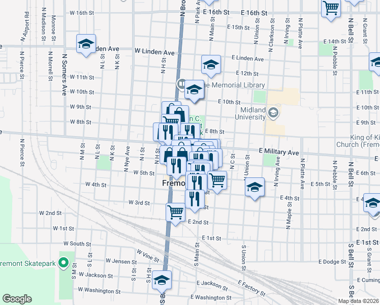 map of restaurants, bars, coffee shops, grocery stores, and more near 114 East Military Avenue in Fremont