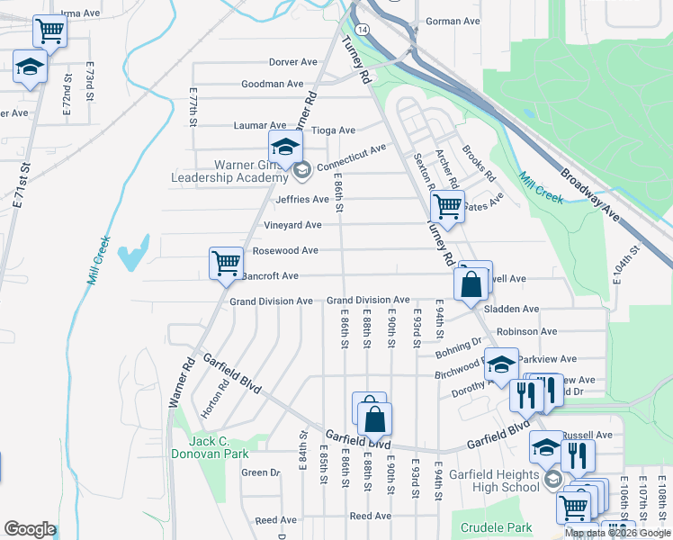 map of restaurants, bars, coffee shops, grocery stores, and more near 8502 Rosewood Avenue in Cleveland