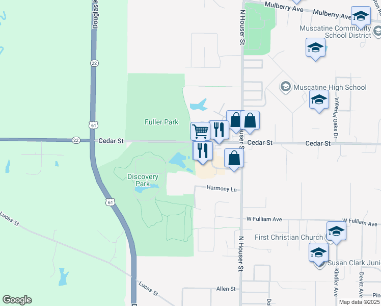 map of restaurants, bars, coffee shops, grocery stores, and more near 3300 Cedar Street in Muscatine