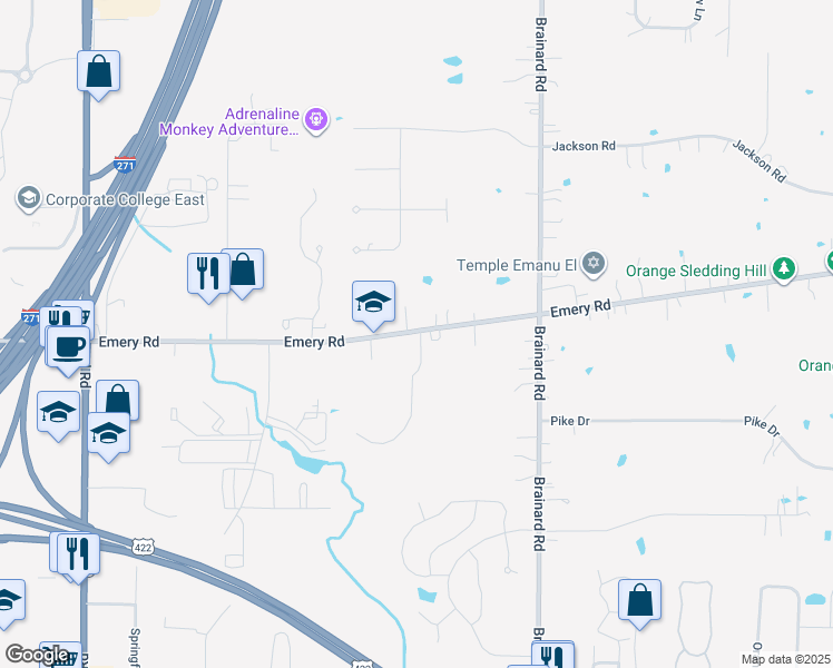 map of restaurants, bars, coffee shops, grocery stores, and more near 27499 Emery Road in Cleveland