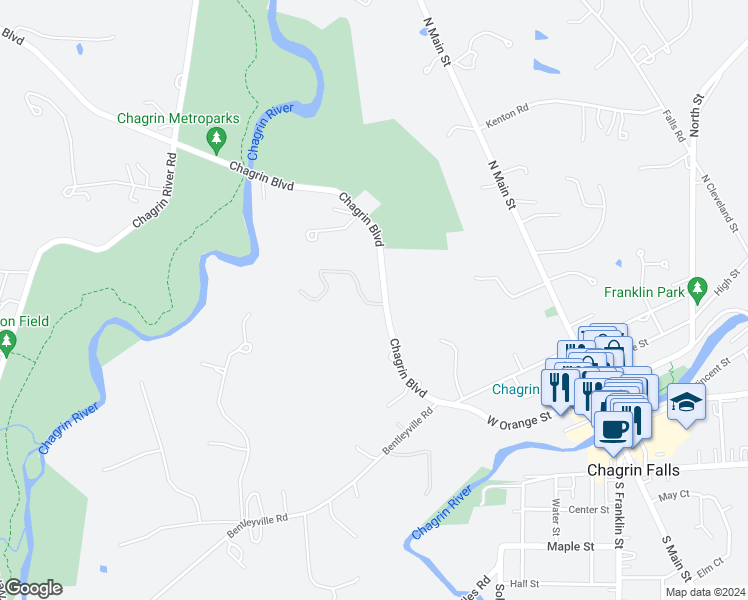 map of restaurants, bars, coffee shops, grocery stores, and more near 248 Chagrin Boulevard in Chagrin Falls