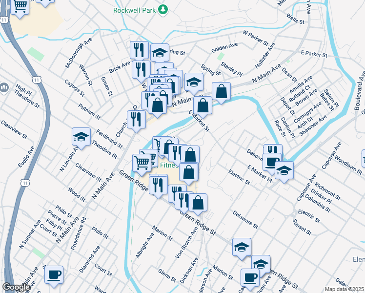 map of restaurants, bars, coffee shops, grocery stores, and more near 26 Electric Street in Scranton