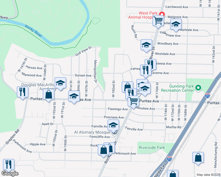 map of restaurants, bars, coffee shops, grocery stores, and more near 4381 Fairway Drive in Cleveland
