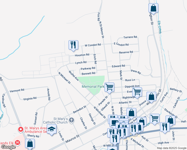map of restaurants, bars, coffee shops, grocery stores, and more near 123 Parkway Road in St. Marys