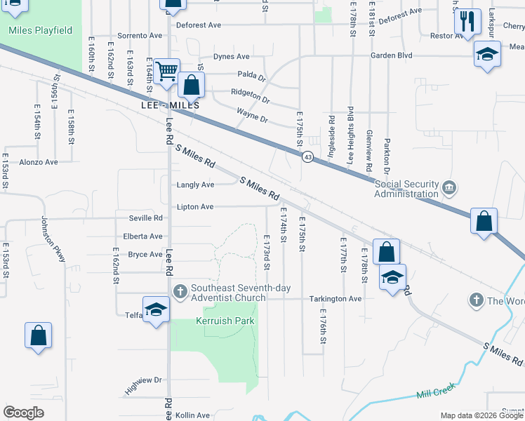 map of restaurants, bars, coffee shops, grocery stores, and more near 17118 South Miles Road in Cleveland