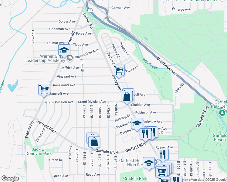 map of restaurants, bars, coffee shops, grocery stores, and more near 9405 Bancroft Avenue in Cleveland
