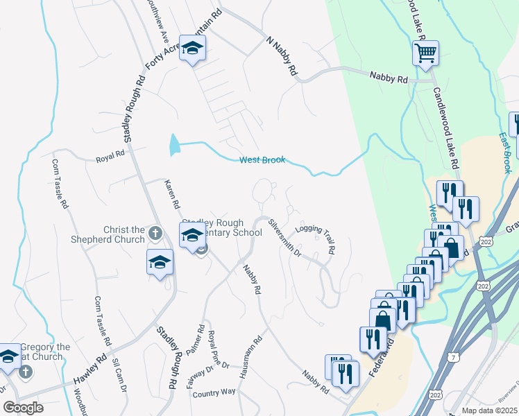 map of restaurants, bars, coffee shops, grocery stores, and more near 125 Logging Trail Road in Danbury
