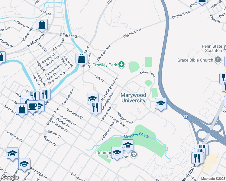 map of restaurants, bars, coffee shops, grocery stores, and more near 2454 Wash & College in Scranton