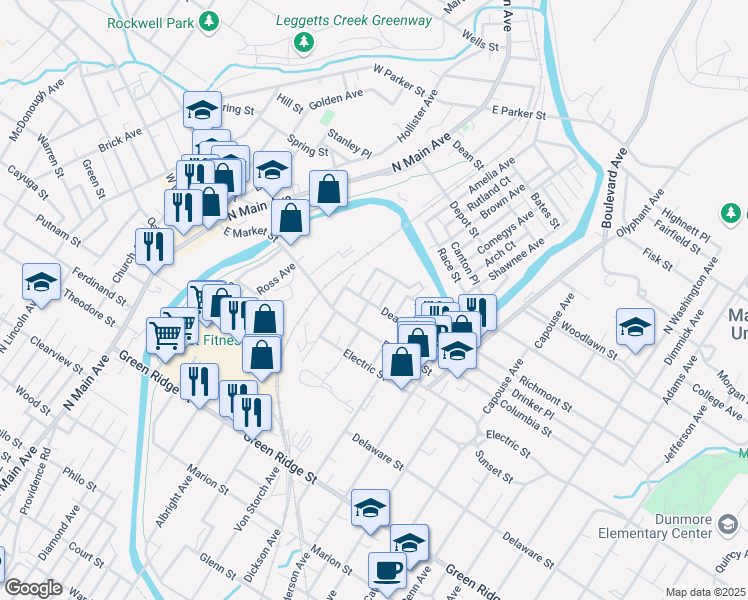 map of restaurants, bars, coffee shops, grocery stores, and more near 407 Deacon Street in Scranton