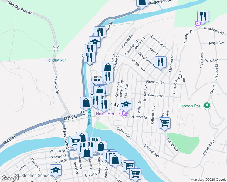map of restaurants, bars, coffee shops, grocery stores, and more near 53-57 Grove Avenue in Oil City