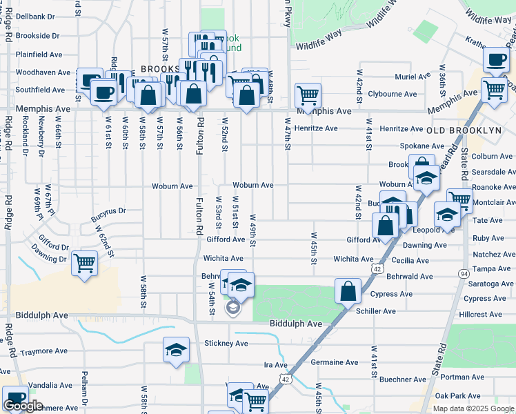 map of restaurants, bars, coffee shops, grocery stores, and more near 4425 West 49th Street in Cleveland
