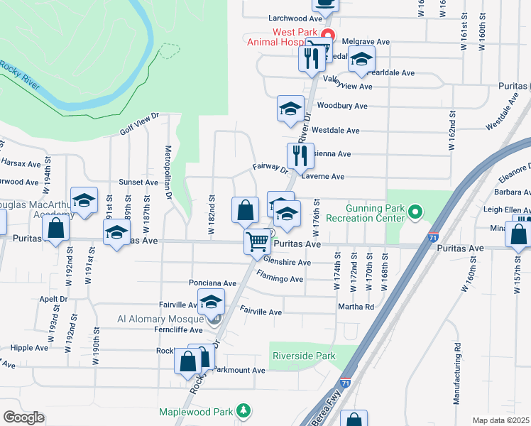 map of restaurants, bars, coffee shops, grocery stores, and more near 4384 Rocky River Drive in Cleveland