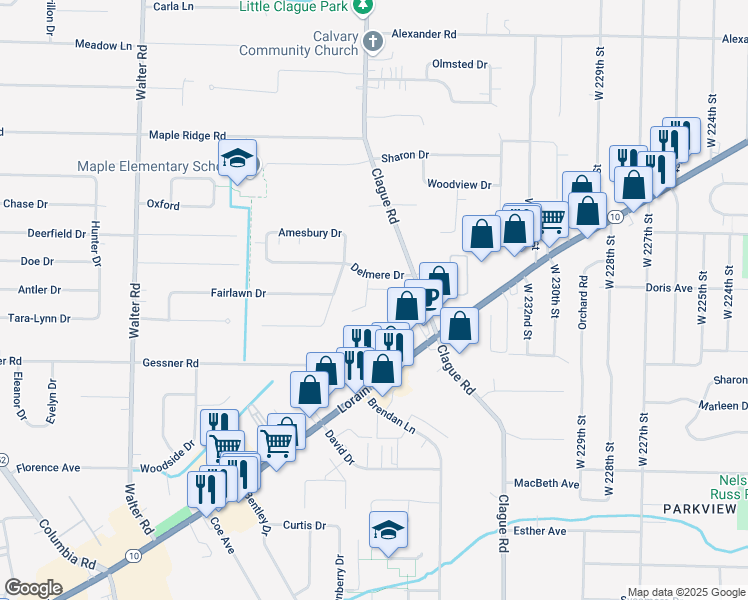 map of restaurants, bars, coffee shops, grocery stores, and more near 23629 Delmere Drive in North Olmsted