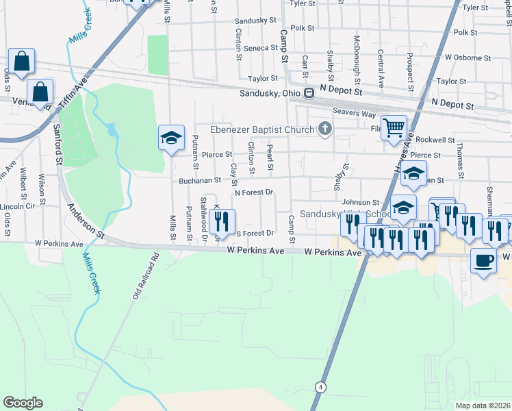map of restaurants, bars, coffee shops, grocery stores, and more near 1523 North Forest Drive in Sandusky
