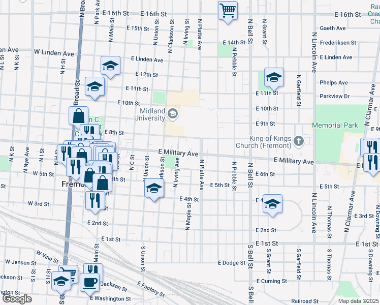 map of restaurants, bars, coffee shops, grocery stores, and more near 740 North Irving Street in Fremont