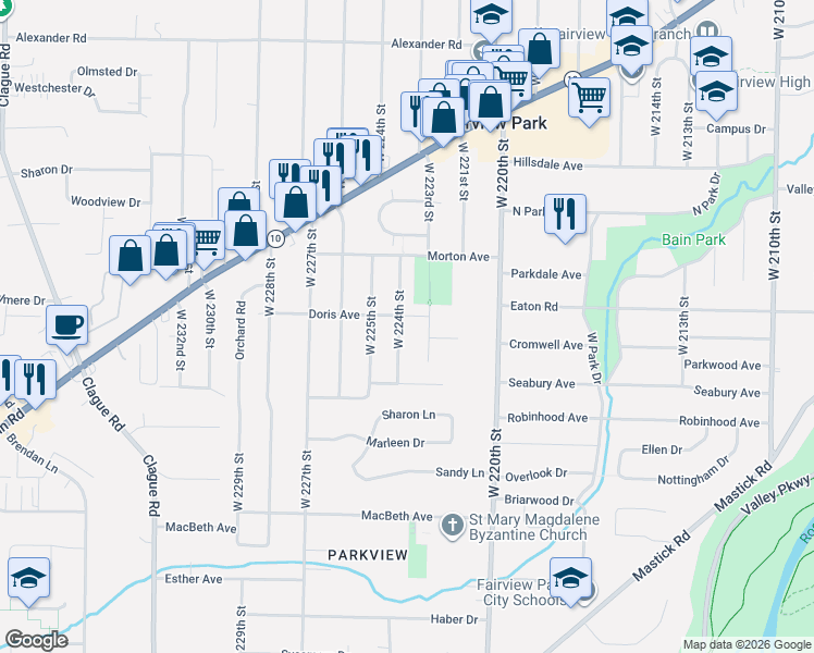 map of restaurants, bars, coffee shops, grocery stores, and more near 4528 West 224th Street in Fairview Park