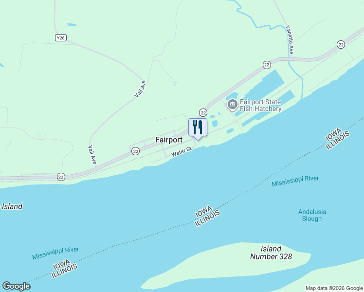 map of restaurants, bars, coffee shops, grocery stores, and more near 3398 Highway 22 in Muscatine