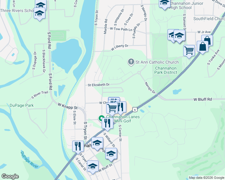 map of restaurants, bars, coffee shops, grocery stores, and more near 25224 Town Center Circle in Channahon