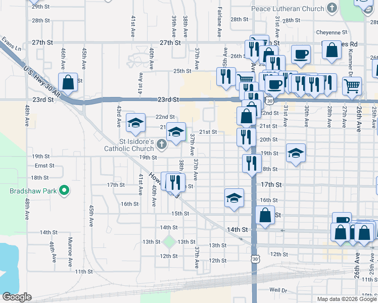map of restaurants, bars, coffee shops, grocery stores, and more near 3711 20th Street in Columbus