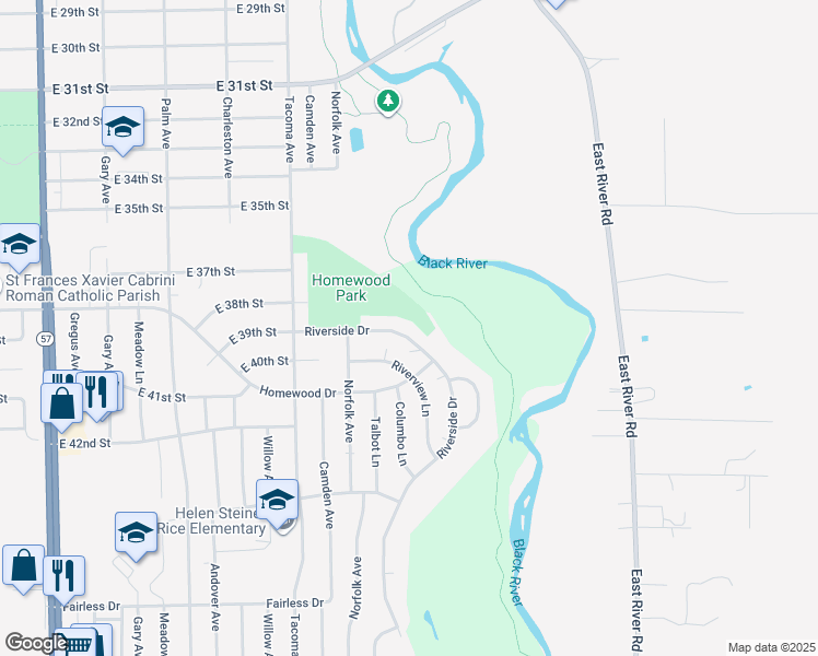 map of restaurants, bars, coffee shops, grocery stores, and more near 3011 Riverside Drive in Lorain