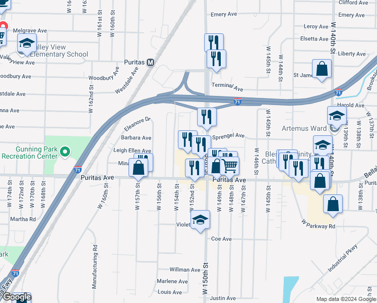 map of restaurants, bars, coffee shops, grocery stores, and more near 15200 Puritas Avenue in Cleveland