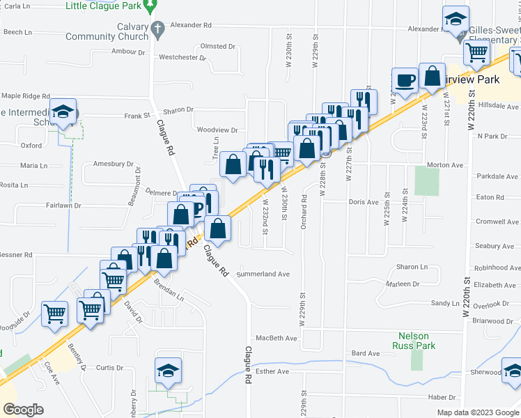 map of restaurants, bars, coffee shops, grocery stores, and more near 3640 West 232nd Street in North Olmsted