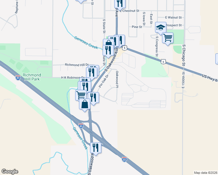 map of restaurants, bars, coffee shops, grocery stores, and more near 165-399 Oakwood Pl in Geneseo