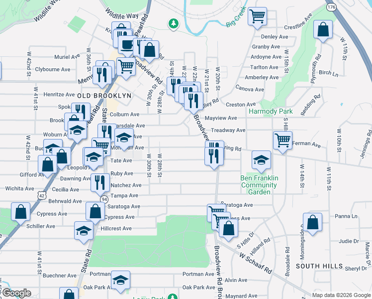 map of restaurants, bars, coffee shops, grocery stores, and more near 2510 Montclair Avenue in Cleveland