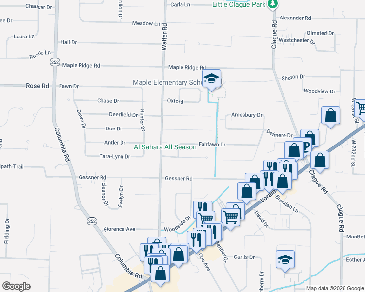 map of restaurants, bars, coffee shops, grocery stores, and more near 24282 Fairlawn Drive in North Olmsted