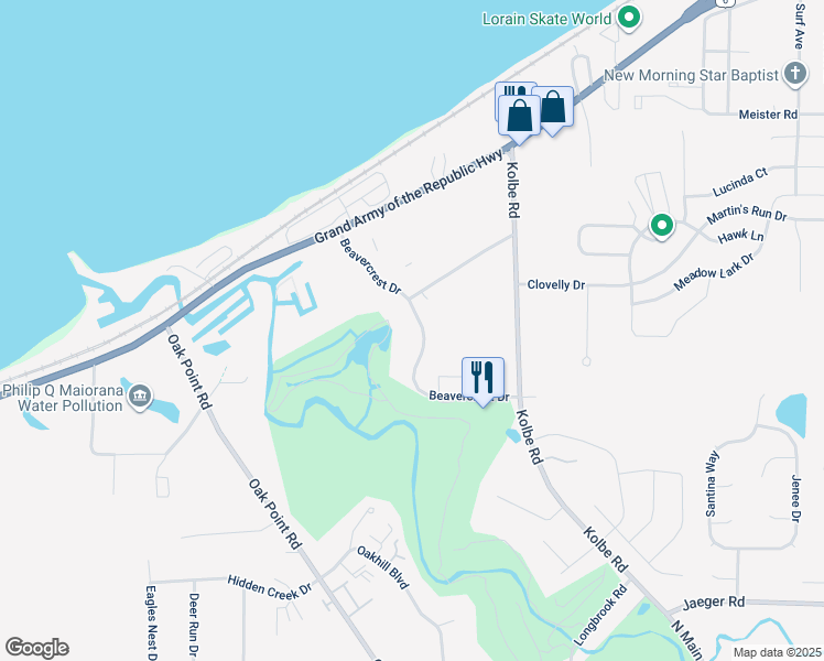 map of restaurants, bars, coffee shops, grocery stores, and more near 3760 Beavercrest Drive in Lorain