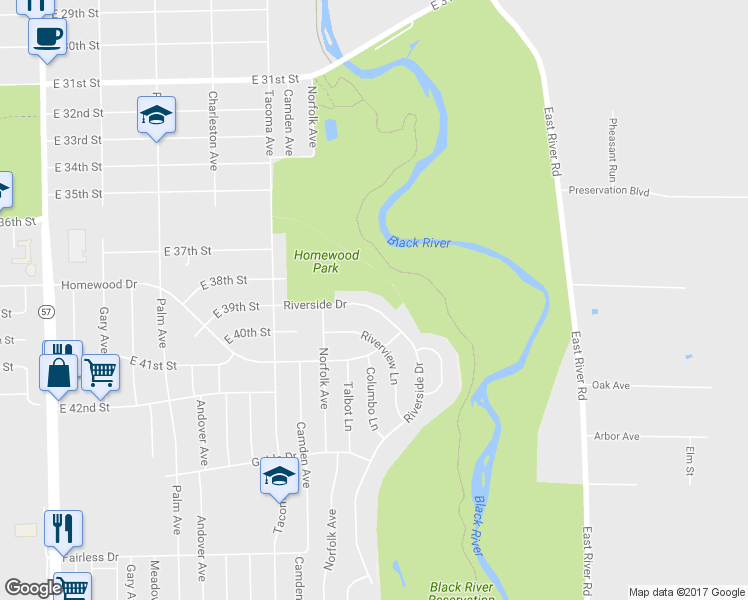 map of restaurants, bars, coffee shops, grocery stores, and more near 3007 Riverside Dr in Lorain
