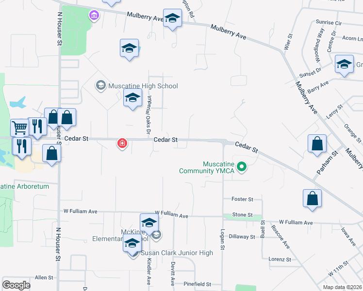 map of restaurants, bars, coffee shops, grocery stores, and more near in Muscatine